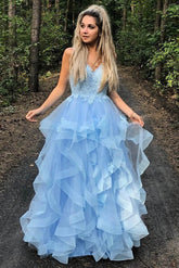 Blue Princess Sweet 16 Dress, Spaghetti Straps Tiered Graduation Prom Dress